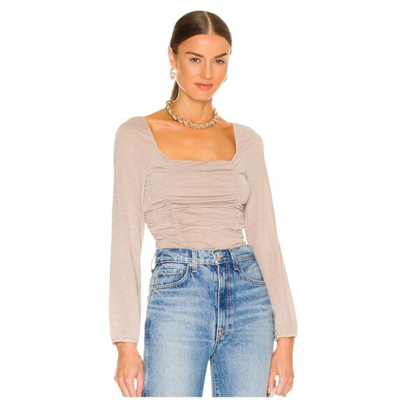 BCBGeneration Tops - BCBGeneration NWT Champagne Metallic Ruched Square Neck Long Sleeve Crop Top M